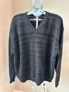 Canali Italy Black V-Neck Sweater Mens XL Wool Blend Striped Knit GUC Luxury